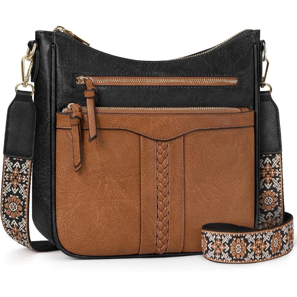 Women’s Black And Brown Leather 7-Pocket Purses Crossbody Bags And Shoulder Bag